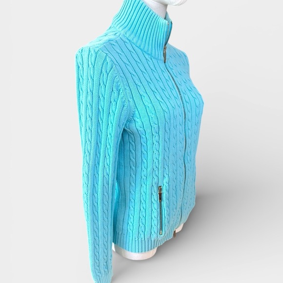 Ralph Lauren Women Blue Cable Knit Full Zip Mock Neck Sweater Size S - Picture 2 of 11